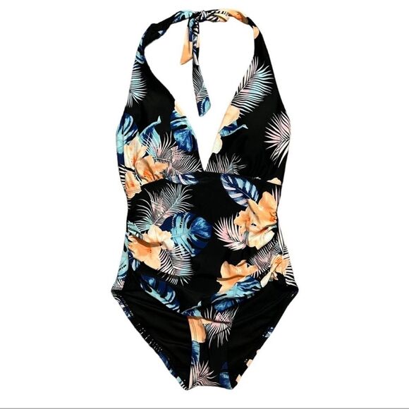 DKNY NWT Tropical Print Halter Shirred One Piece Swimsuit M - Picture 1 of 16